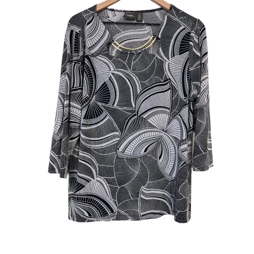 Chicos Travellers Collection Womens Navy Blue White Butterfly Print Blouse Large